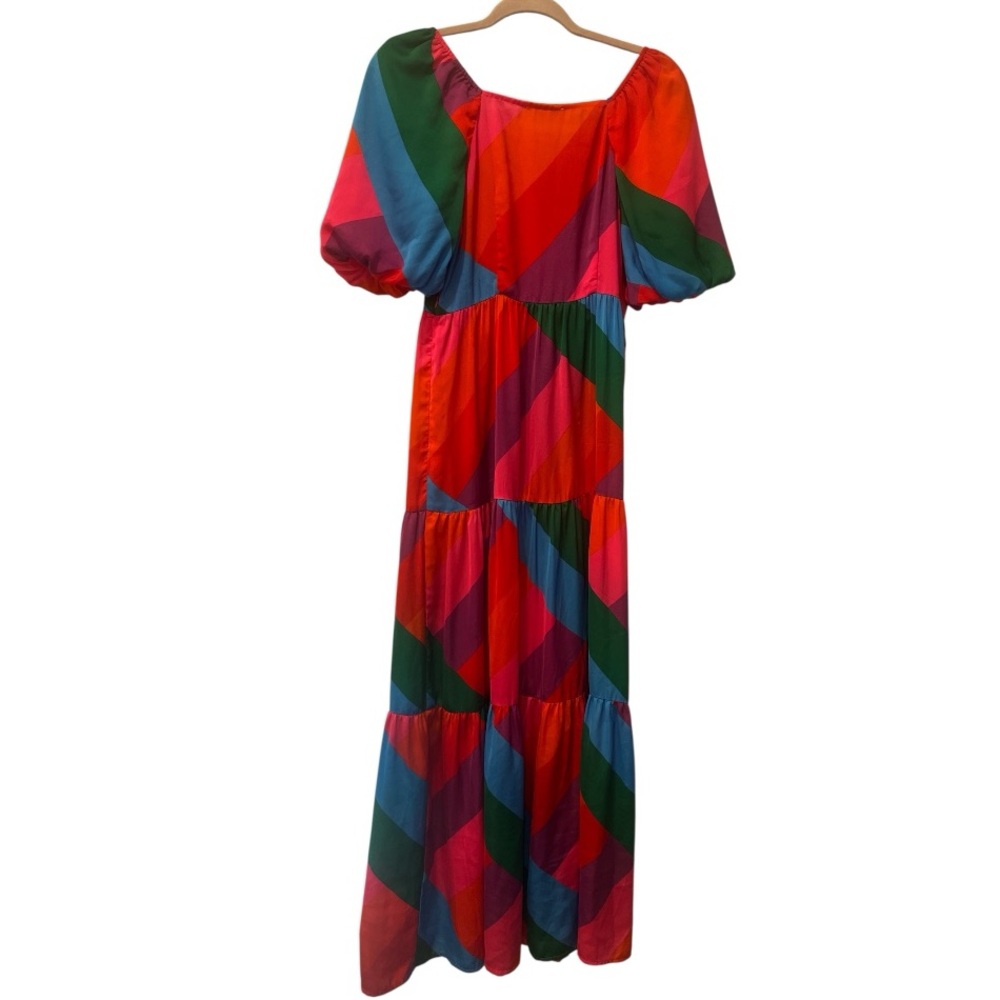 Skies Are Blue Bold Colorful Tiered Maxi Dress Puff Sleeve faux wrap size XS - Picture 3 of 8